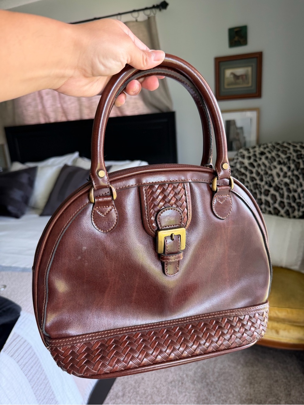 Woven Trim Brown Leather Satchel with Top Handles